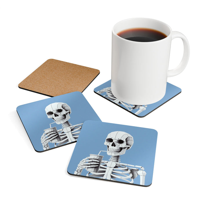 Set of 4 Skeleton Beverage Coasters: blue, white skeleton, cartoon graphic style