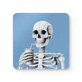 Set of 4 Skeleton Beverage Coasters: blue, white skeleton, cartoon graphic style