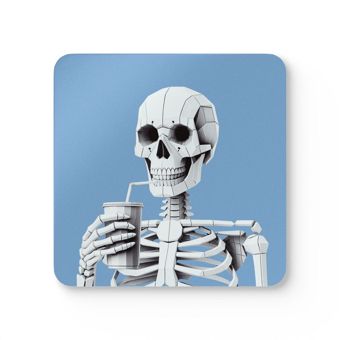 Set of 4 Skeleton Beverage Coasters: blue, white skeleton, cartoon graphic style