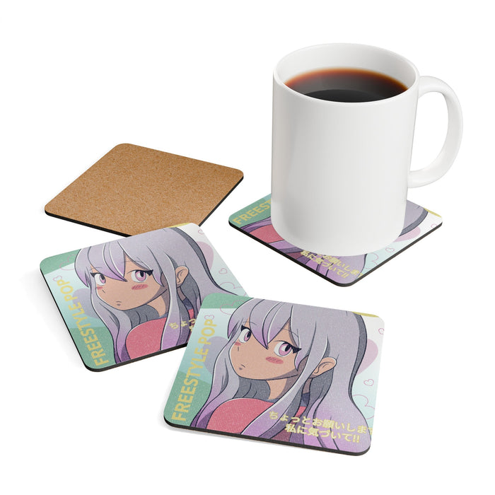 Set of Four Japanese Animation Coasters: lavender-gray, pink anime-style girl character, anime, kawaii, pastel style
