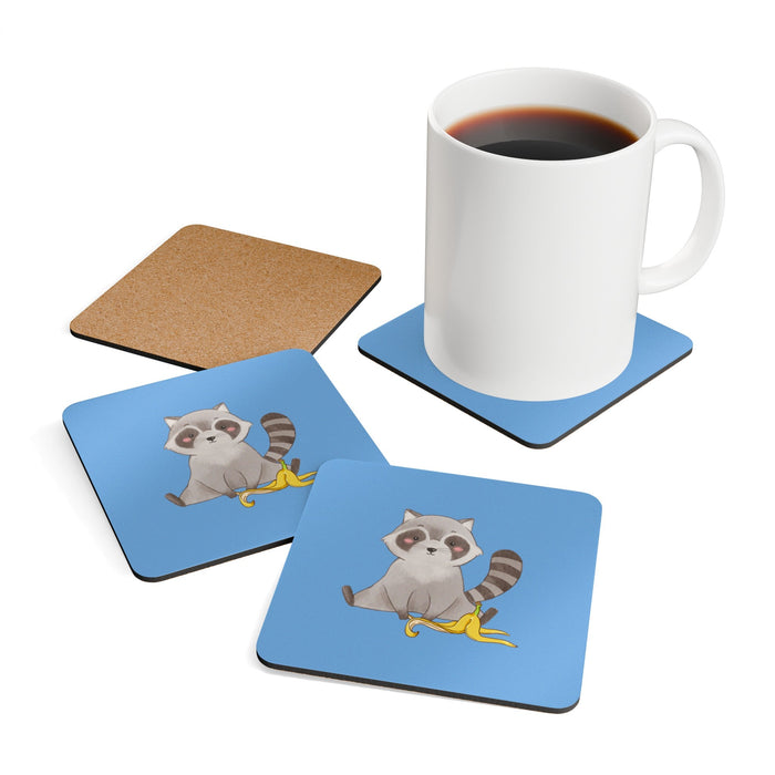 Set of Four Raccoon Coasters: blue, brown cartoon raccoon