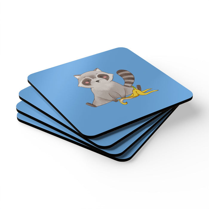 Set of Four Raccoon Coasters: blue, brown cartoon raccoon