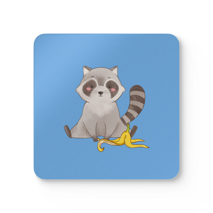 Set of Four Raccoon Coasters: blue, brown cartoon raccoon
