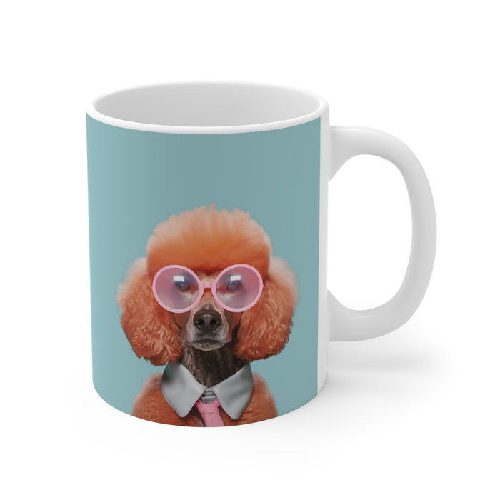 Shades Mug for a Stylish Canine: white, light blue poodle dog, cartoon-like animal portrait style