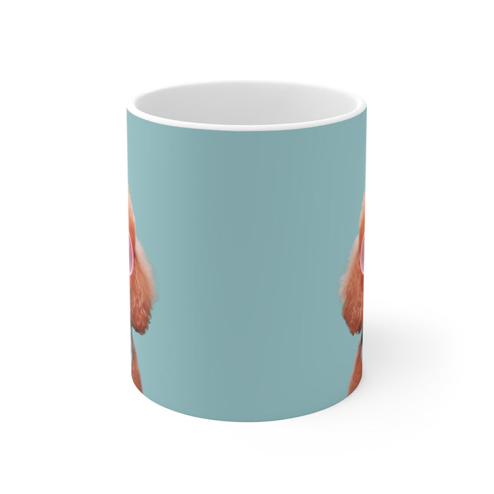 Shades Mug for a Stylish Canine: white, light blue poodle dog, cartoon-like animal portrait style
