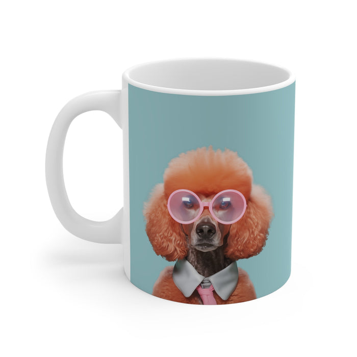 Shades Mug for a Stylish Canine: white, light blue poodle dog, cartoon-like animal portrait style