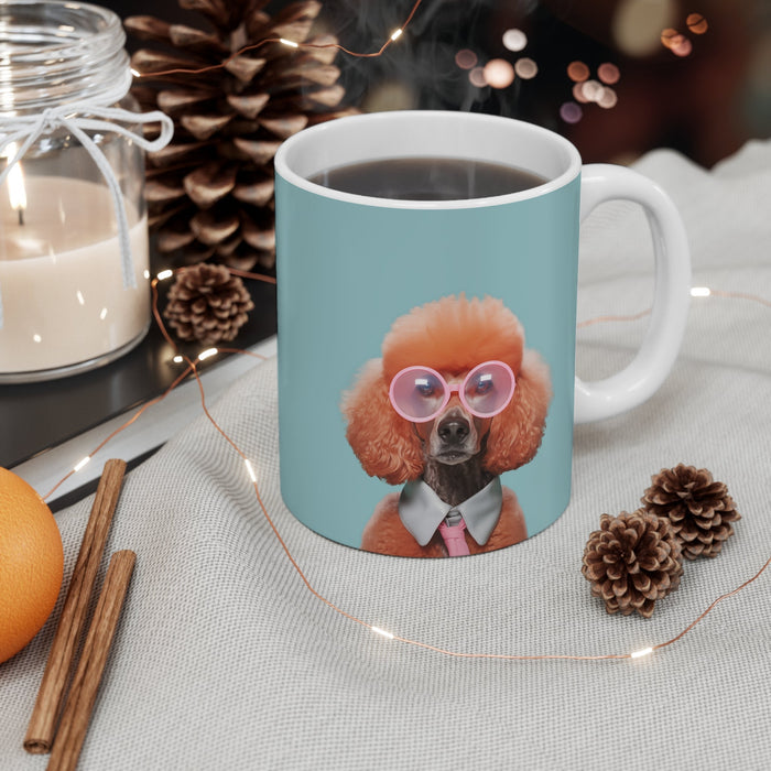 Shades Mug for a Stylish Canine: white, light blue poodle dog, cartoon-like animal portrait style