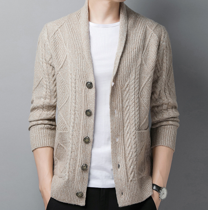 Shawl Collar Men's Cable Knit Cardigan: dark blue, heathered gray-blue cardigan sweater, casual style