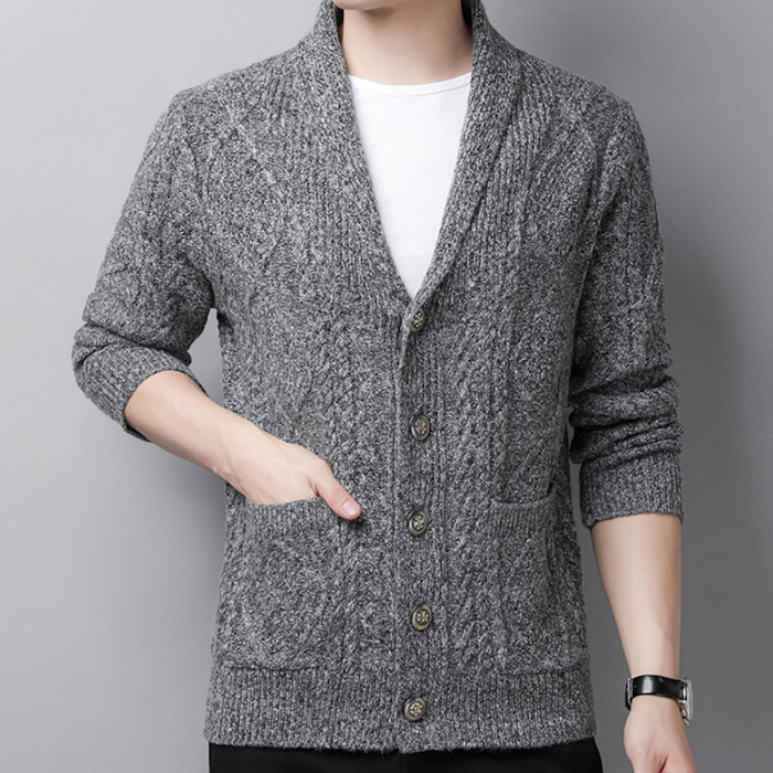 Shawl Collar Men's Cable Knit Cardigan: dark blue, heathered gray-blue cardigan sweater, casual style
