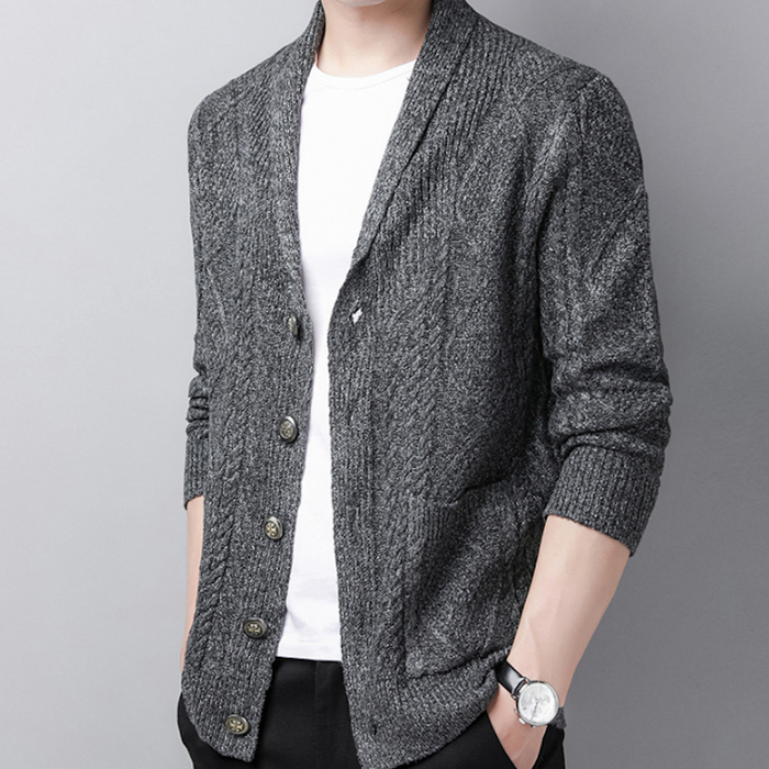 Shawl Collar Men's Cable Knit Cardigan: dark blue, heathered gray-blue cardigan sweater, casual style
