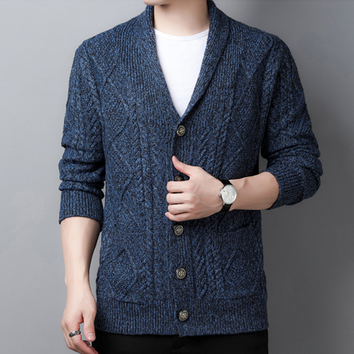 Shawl Collar Men's Cable Knit Cardigan: dark blue, heathered gray-blue cardigan sweater, casual style