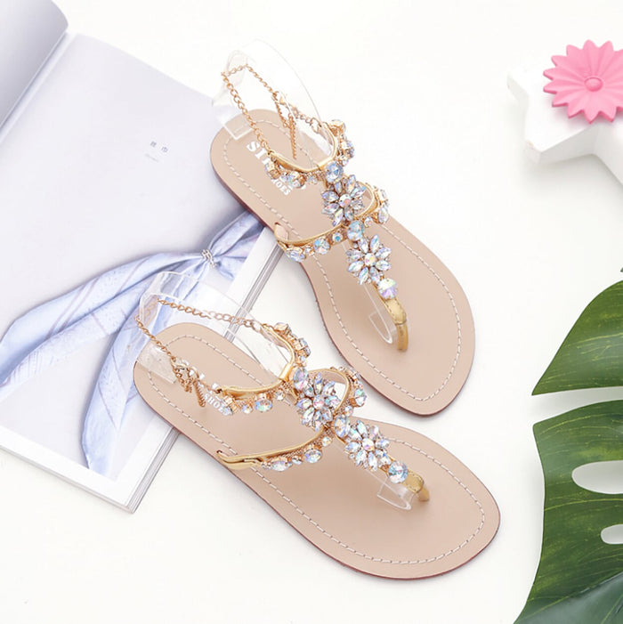 Shimmering Rhinestone Faux Leather Sandals for Women: gold, beige embellished thong sandals, glamorous ornate style
