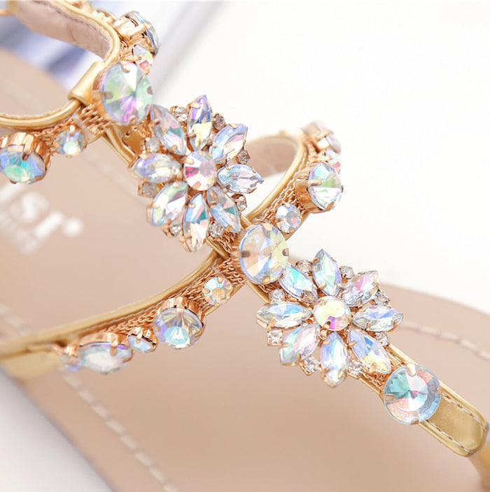 Shimmering Rhinestone Faux Leather Sandals for Women: gold, beige embellished thong sandals, glamorous ornate style