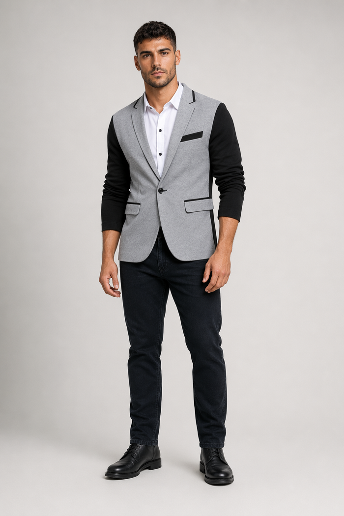 Short Casual Blazer Jacket for Men with Single Button Light Gray