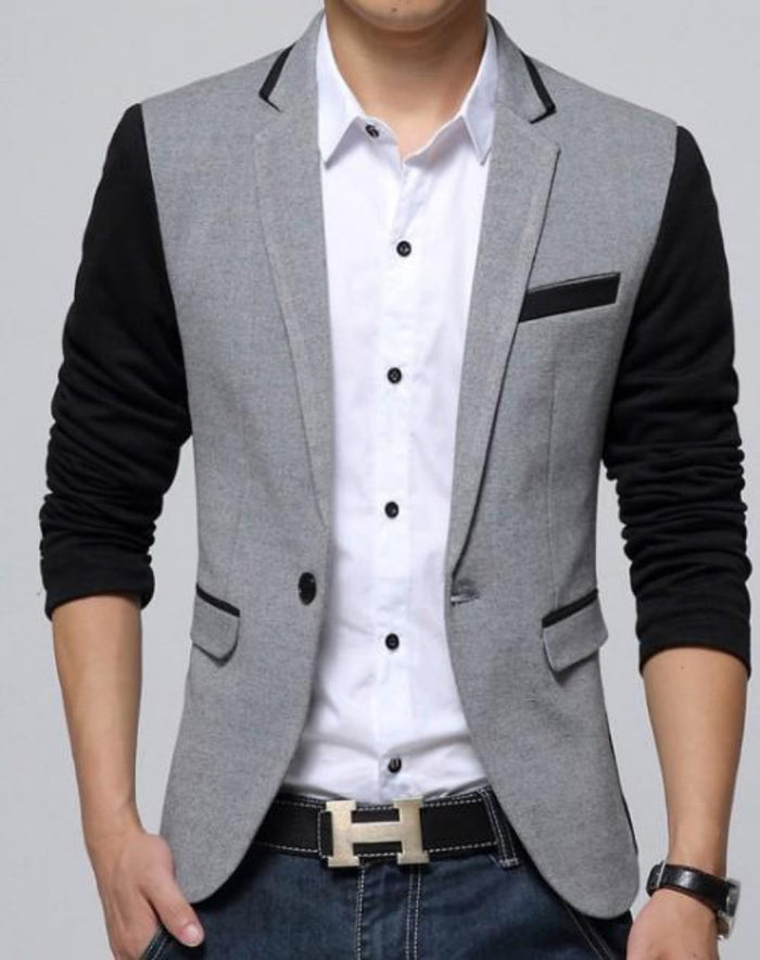 Short Casual Blazer Jacket for Men with Single Button: light gray, black men's blazer-style jacket, modern color-blocked casu