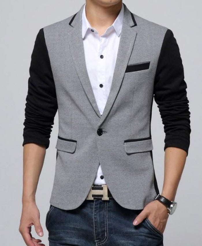 Short Casual Blazer Jacket for Men with Single Button: light gray, black men's blazer-style jacket, modern color-blocked casu