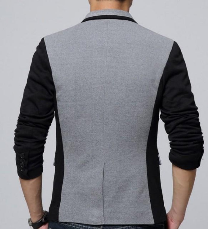 Short Casual Blazer Jacket for Men with Single Button: light gray, black men's blazer-style jacket, modern color-blocked casu