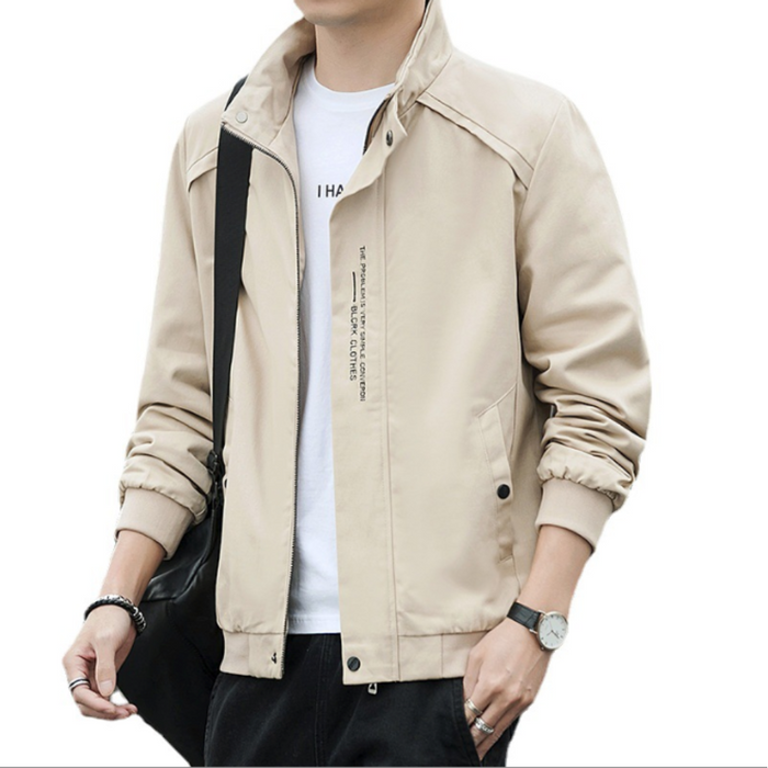 Short High Collar Men's Jacket: beige, black jacket, minimal casual style