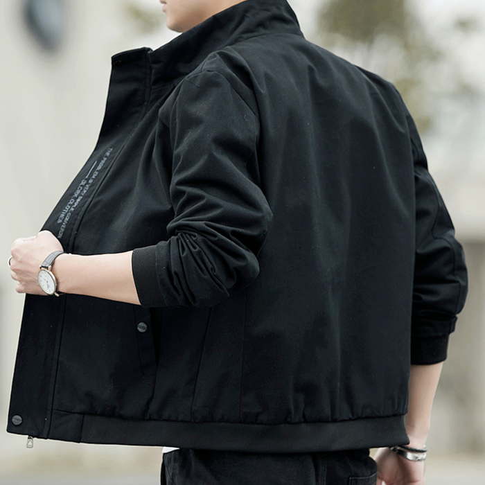 Short High Collar Men's Jacket: beige, black jacket, minimal casual style