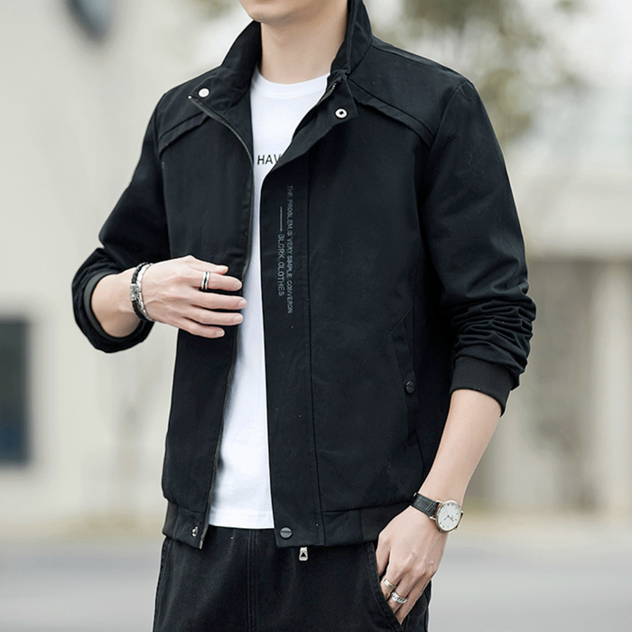 Short High Collar Men's Jacket: beige, black jacket, minimal casual style