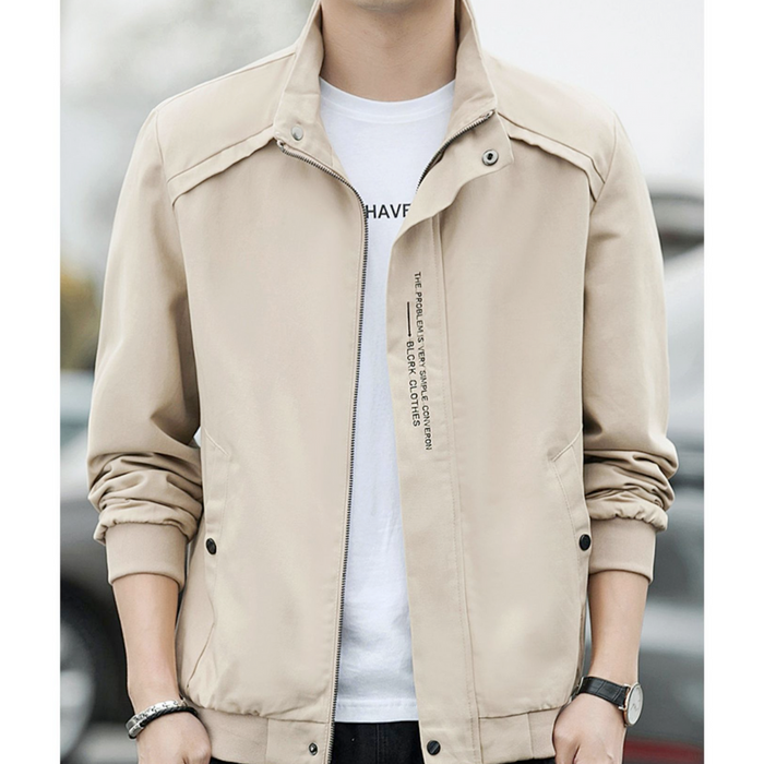 Short High Collar Men's Jacket: beige, black jacket, minimal casual style