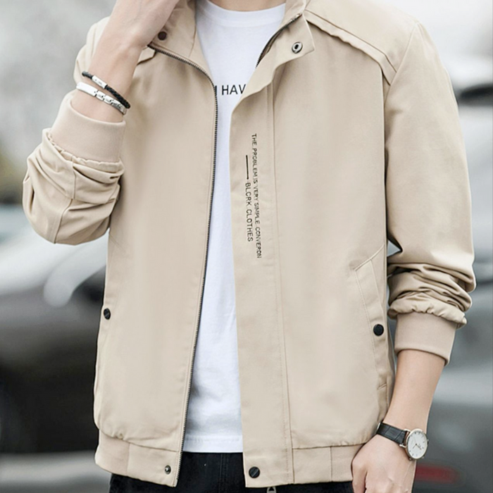 Short High Collar Men's Jacket: beige, black jacket, minimal casual style