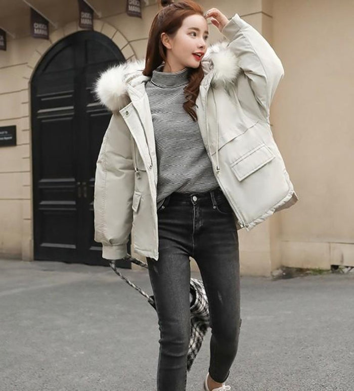 Short Hooded Puffy Winter Coat for Women: off-white, white hooded puffer jacket, casual winter streetwear style