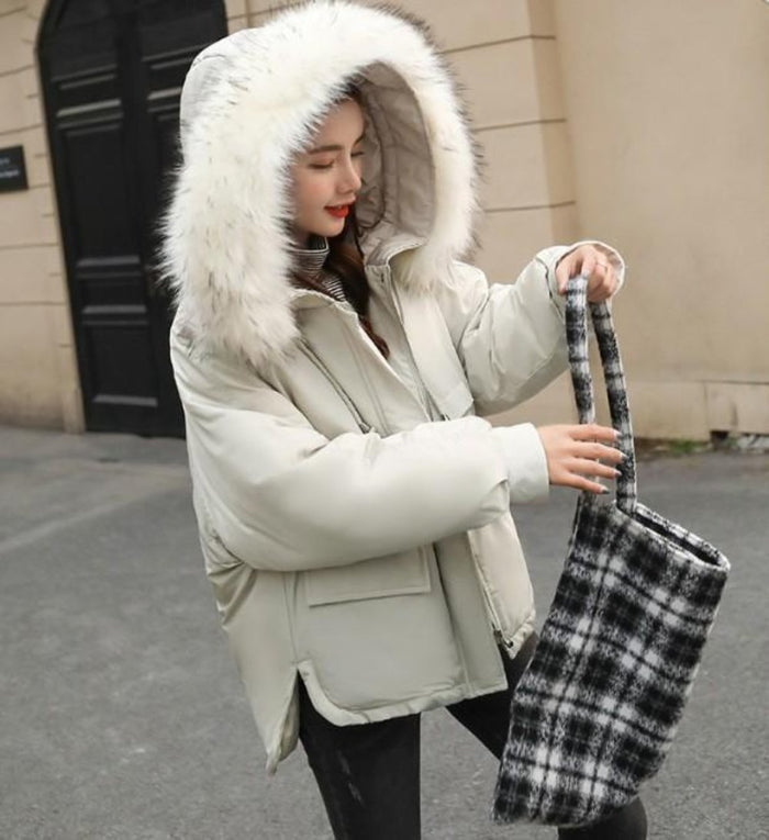 Short Hooded Puffy Winter Coat for Women: off-white, white hooded puffer jacket, casual winter streetwear style