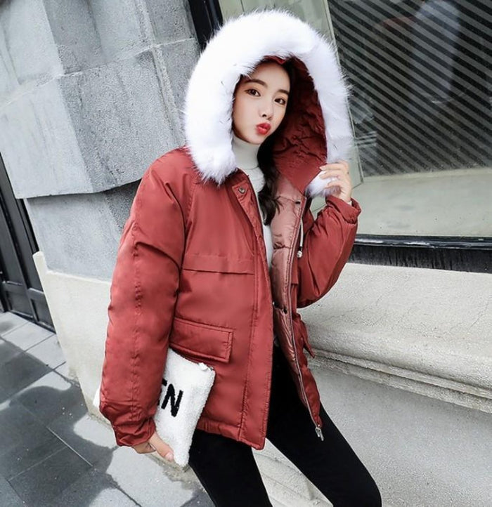 Short Hooded Puffy Winter Coat for Women: off-white, white hooded puffer jacket, casual winter streetwear style