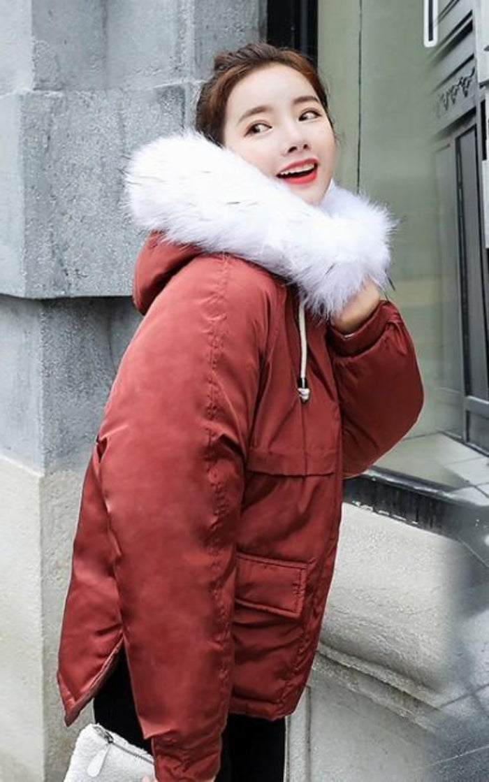 Short Hooded Puffy Winter Coat for Women: off-white, white hooded puffer jacket, casual winter streetwear style