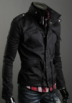 Short Parka with Stand-Up Collar for Men: black, dark gray jacket, fitted edgy biker-inspired style