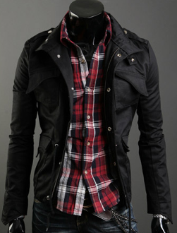 Short Parka with Stand-Up Collar for Men: black, dark gray jacket, fitted edgy biker-inspired style