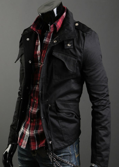 Short Parka with Stand-Up Collar for Men: black, dark gray jacket, fitted edgy biker-inspired style