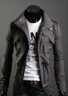 Short Parka with Stand-Up Collar for Men: black, dark gray jacket, fitted edgy biker-inspired style