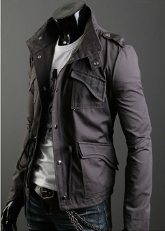 Short Parka with Stand-Up Collar for Men: black, dark gray jacket, fitted edgy biker-inspired style