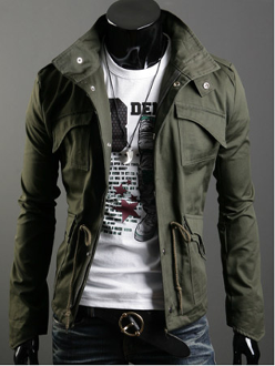 Short Parka with Stand-Up Collar for Men: black, dark gray jacket, fitted edgy biker-inspired style