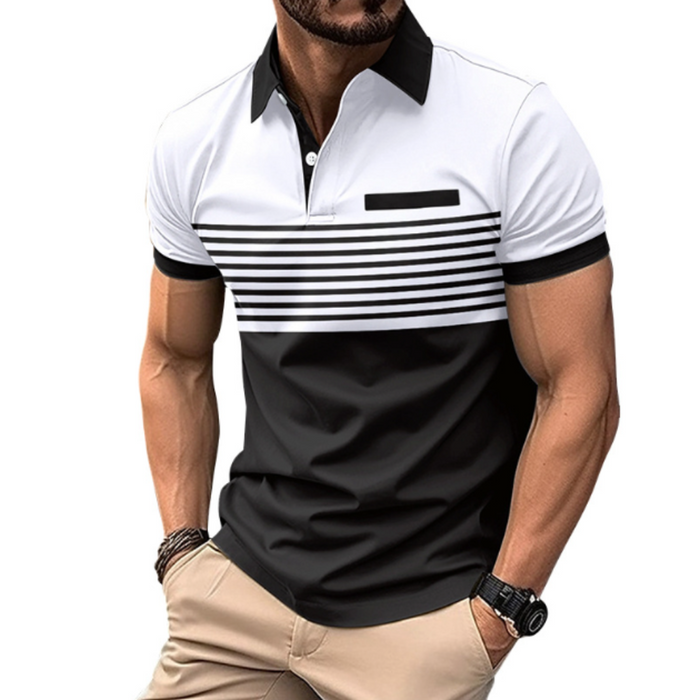 Short Sleeve Casual Polo Shirt with Striped Print for Men: white, black short-sleeve polo shirt, modern color-block casual st