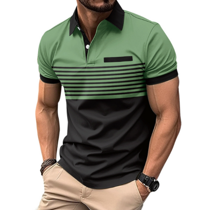 Short Sleeve Casual Polo Shirt with Striped Print for Men: white, black short-sleeve polo shirt, modern color-block casual st