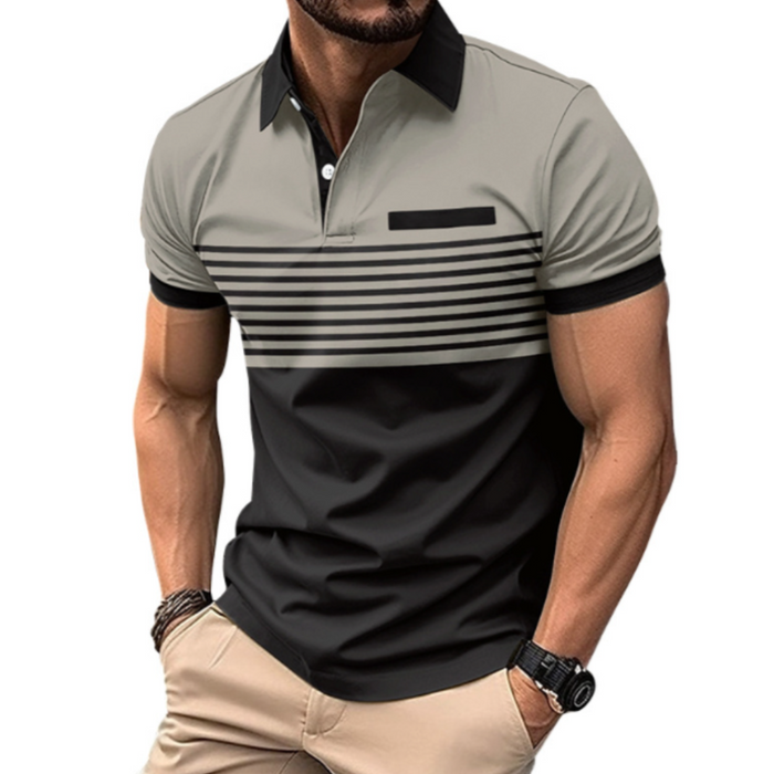 Short Sleeve Casual Polo Shirt with Striped Print for Men: white, black short-sleeve polo shirt, modern color-block casual st