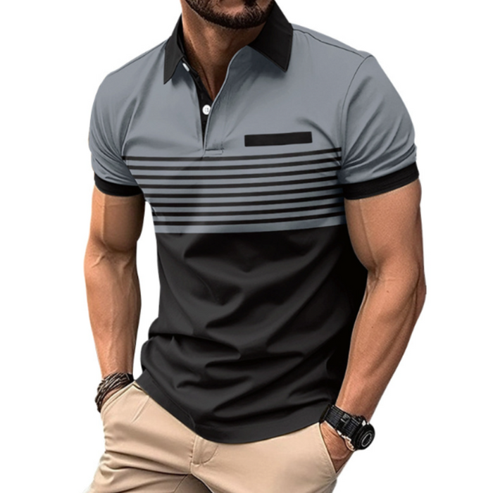 Short Sleeve Casual Polo Shirt with Striped Print for Men: white, black short-sleeve polo shirt, modern color-block casual st
