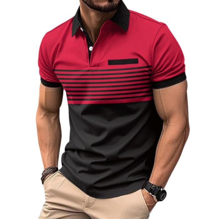 Short Sleeve Casual Polo Shirt with Striped Print for Men: white, black short-sleeve polo shirt, modern color-block casual st