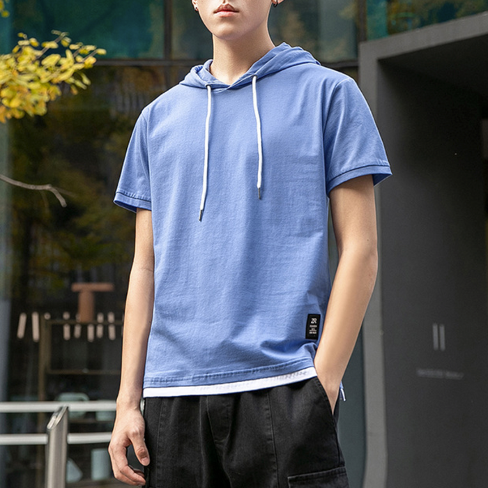 Short Sleeve Hooded Tee for Men: light blue, white short-sleeve hooded shirt, casual minimal style