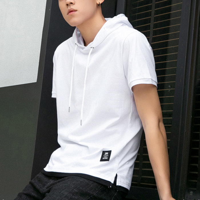 Short Sleeve Hooded Tee for Men: light blue, white short-sleeve hooded shirt, casual minimal style