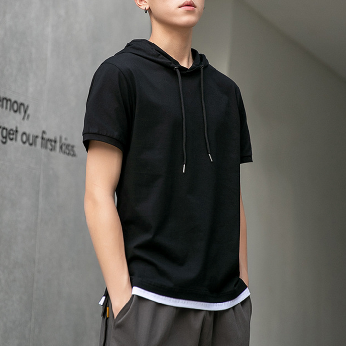 Short Sleeve Hooded Tee for Men: light blue, white short-sleeve hooded shirt, casual minimal style