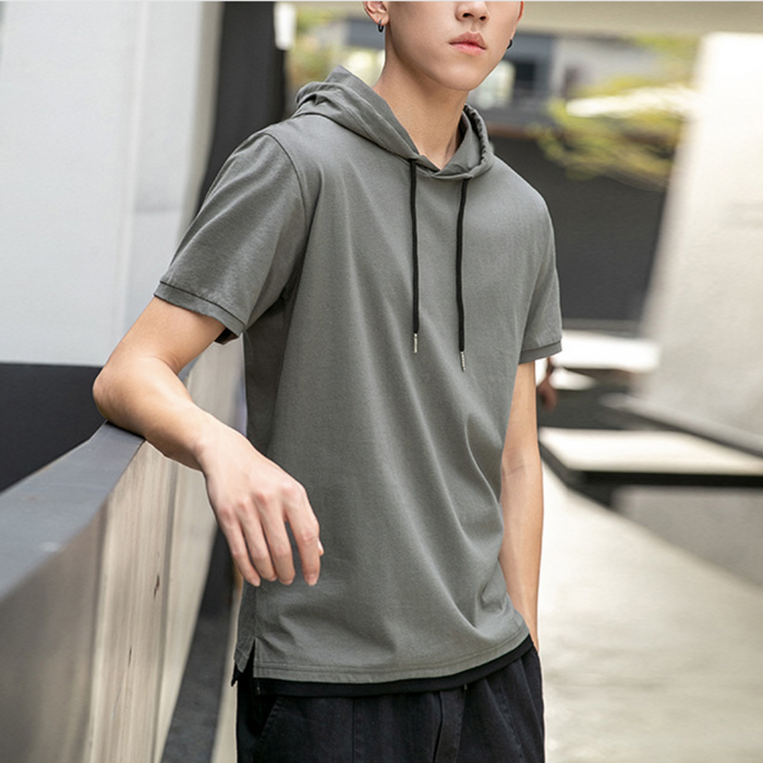 Short Sleeve Hooded Tee for Men: light blue, white short-sleeve hooded shirt, casual minimal style