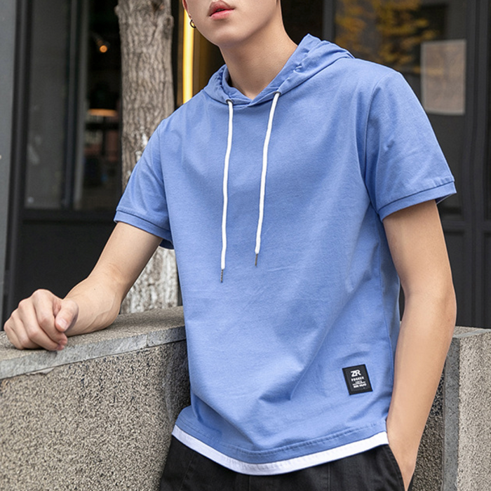 Short Sleeve Hooded Tee for Men: light blue, white short-sleeve hooded shirt, casual minimal style