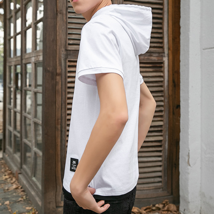 Short Sleeve Hooded Tee for Men: light blue, white short-sleeve hooded shirt, casual minimal style