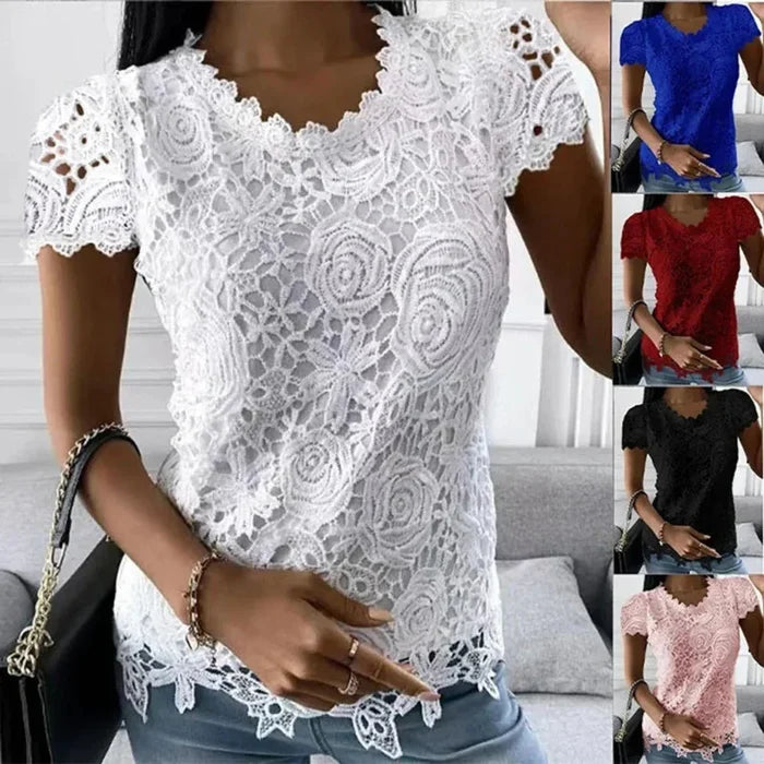 Short Sleeve Lace Top for Women, Perfect for the Summer Season: white, blue short-sleeve lace blouse/top, feminine floral lac