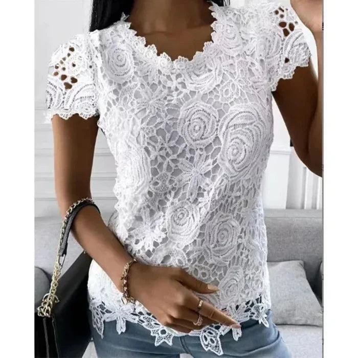 Short Sleeve Lace Top for Women, Perfect for the Summer Season: white, blue short-sleeve lace blouse/top, feminine floral lac