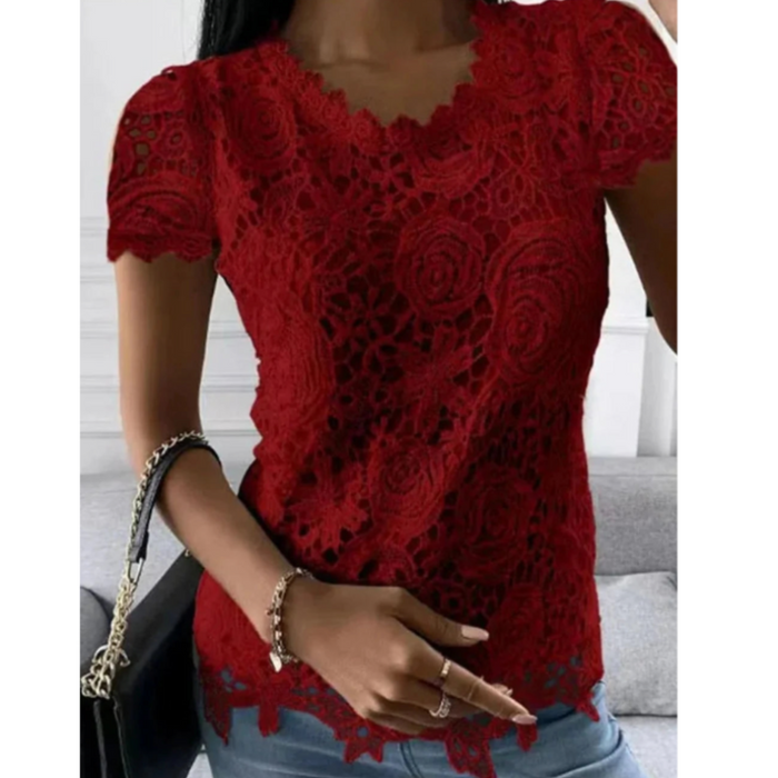 Short Sleeve Lace Top for Women, Perfect for the Summer Season: white, blue short-sleeve lace blouse/top, feminine floral lac